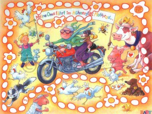 Illustrationen für Kinder: Meine Oma fährt i Hühnerstall Motorrad, Poster-Illustration für die Zeitschrift Baby