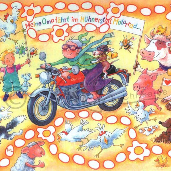 Meine Oma fährt im Hühnerstall Motorrad, Poster-Illustration für die Zeitschrift Baby