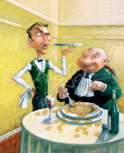 Satirische Malerei. Restaurant-Szene. Kellner und Gast: "Herr Ober, in meiner Suppe ist kein H!"