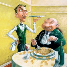 Satirische Malerei. Restaurant-Szene. Kellner und Gast: "Herr Ober, in meiner Suppe ist kein H!"