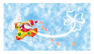 Illustration für die Werbung: Weihnachtskarte mit Nikolaus im Flugzeug, Lottoscheine verstreuend